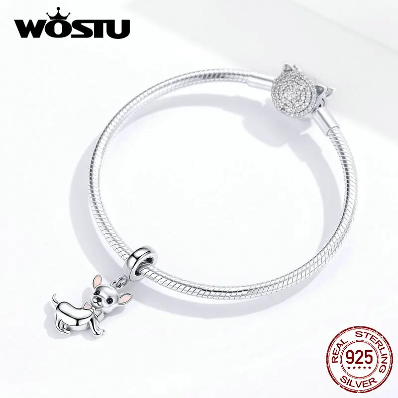 WOSTU подлинный 925 пробы Серебряный браслет для собаки чихуахуа, браслет DIY бусы с подвеской для изготовления ювелирных изделий BKC1317