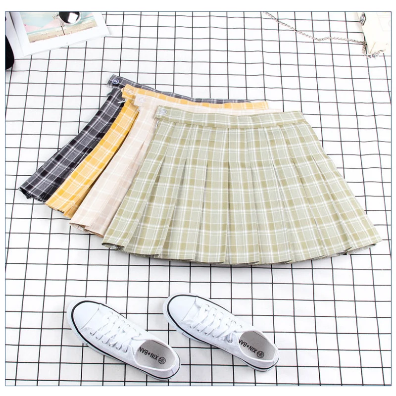 Теннисная юбка 2019 плиссированная в клетку с авокадо стиле колледжа для занятий