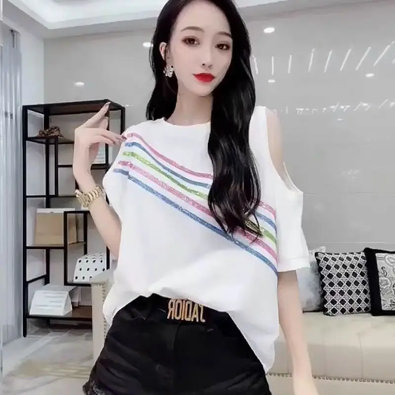 

2021 summer new loose slant stripe hot drill short sleeve girl