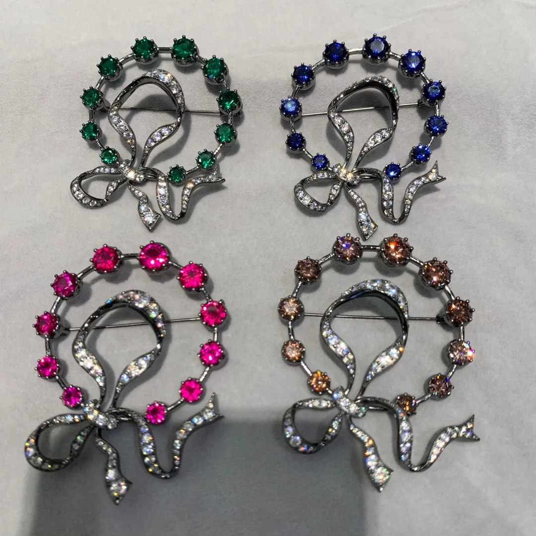 

round bowknot brooch 925 sterling silver with cubic zircon high quality brown green blue red color fine women jewelry