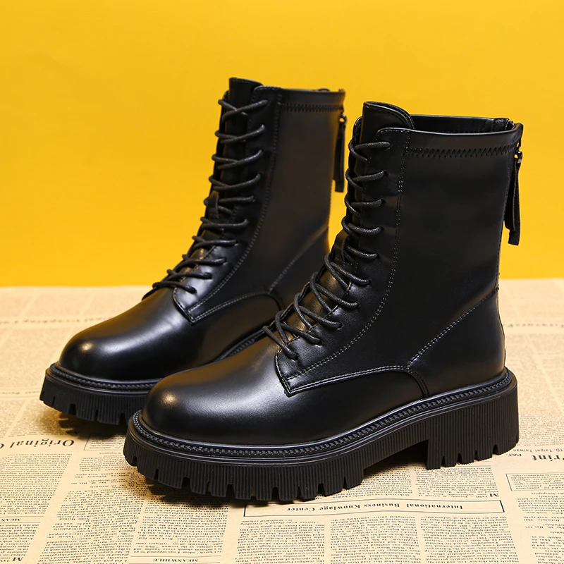 

Lucyever Pu Leather Ankle Boots for Women Autumn 2021 Thick Bottom Platform Motorcycle Boots Woman Back Zipper Med Heels Botas