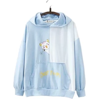 women cartoon cat print hit color patchwork hoodies 2020 autumn sweatshirts loose long sleeve femme casual pullovers