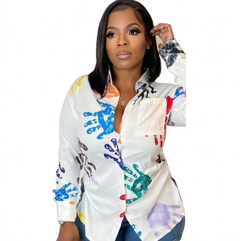 

African Shirt Clothes For Women Full Sleeve With Pocket Tops Autumn Fashion Colors Hand Print Casual White African Blouse Tunics