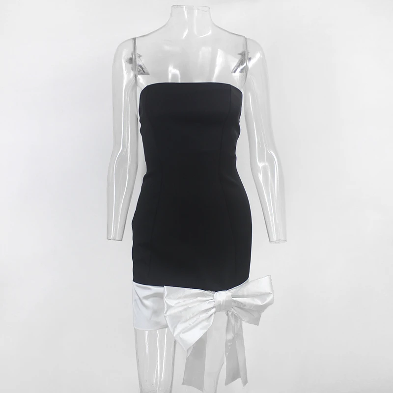 Женское платье без рукавов Fuedage черное облегающее с бантом и бретелек Клубные