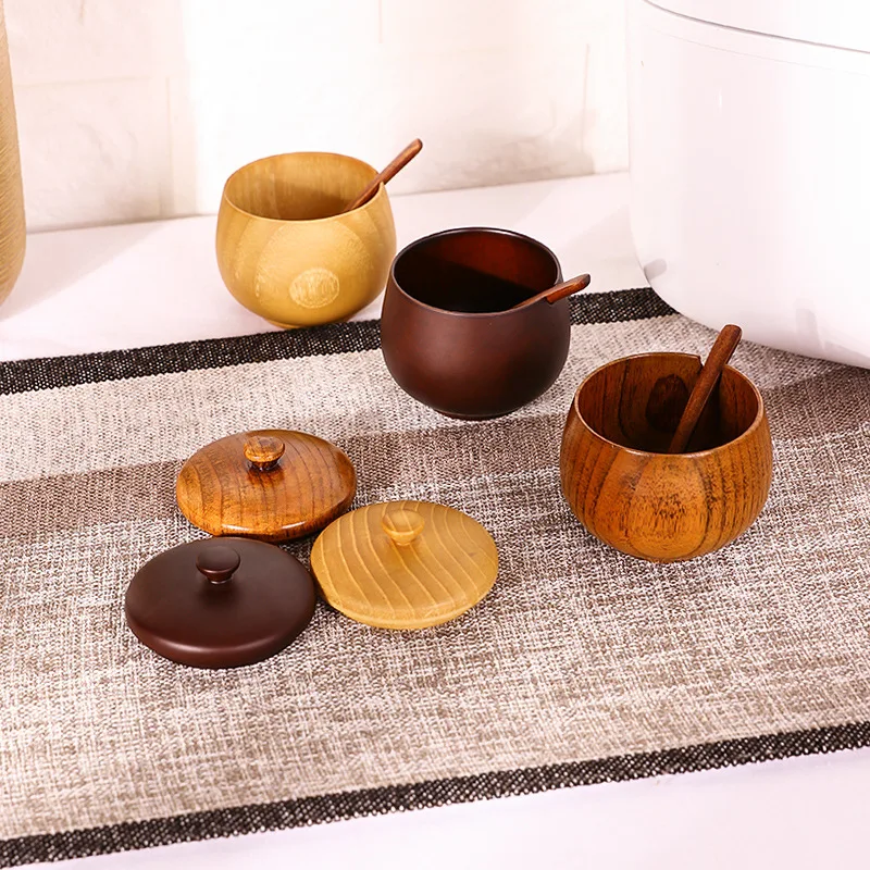 

NEW Senior four-piece suit Wood Spice Jar Sugar Bowl Tea Coffee Salt Seasoning Box Kitchen Easy To Use Gadget