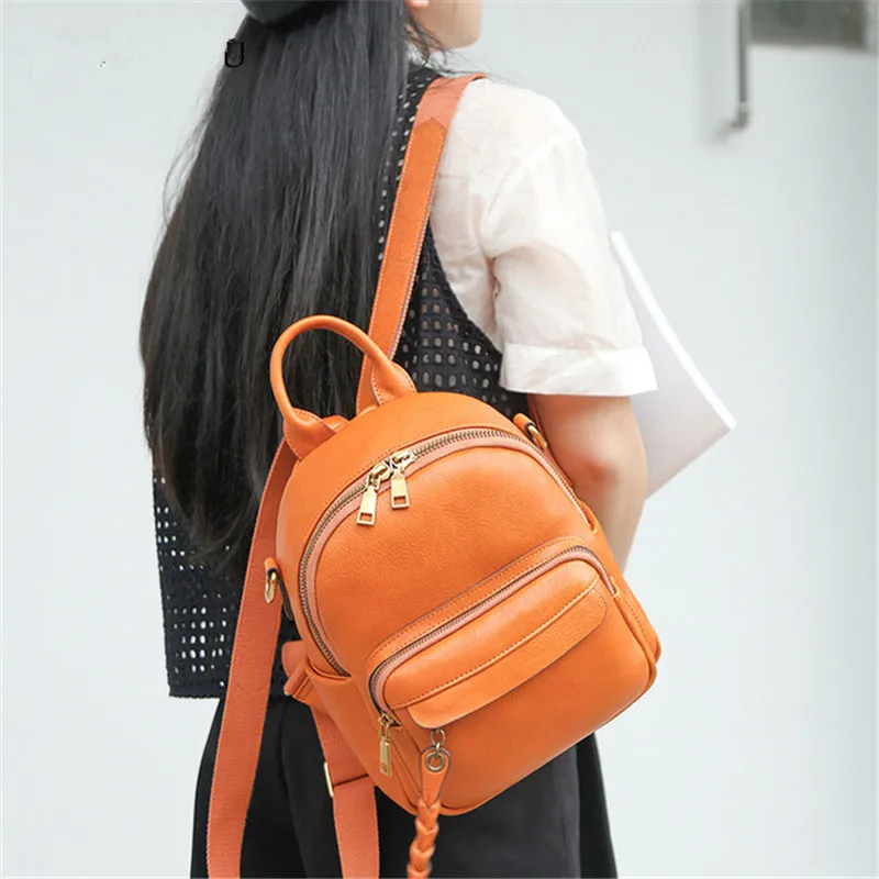 Fashion designer real leather ladies orange backpack outdoor daily weekend trip large capacity Multifunction anti theft backpack