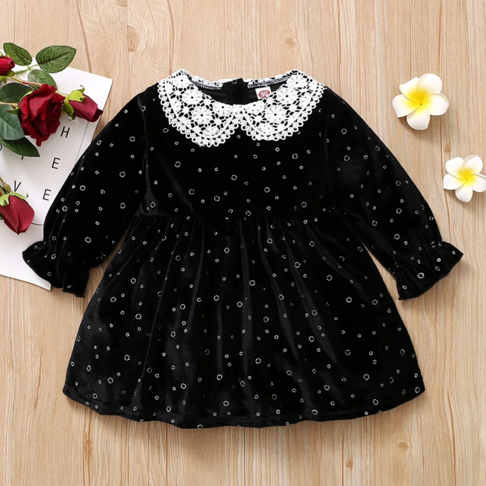 

Spring kids dresses for girls lacework patchwork long sleeve turn-down collar party Korean style cute girls princess dresses