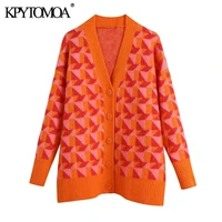 kpytomoa women 2021 fashion geometric jacquard knitted cardigan sweater vintage long sleeve loose female outerwear chic tops