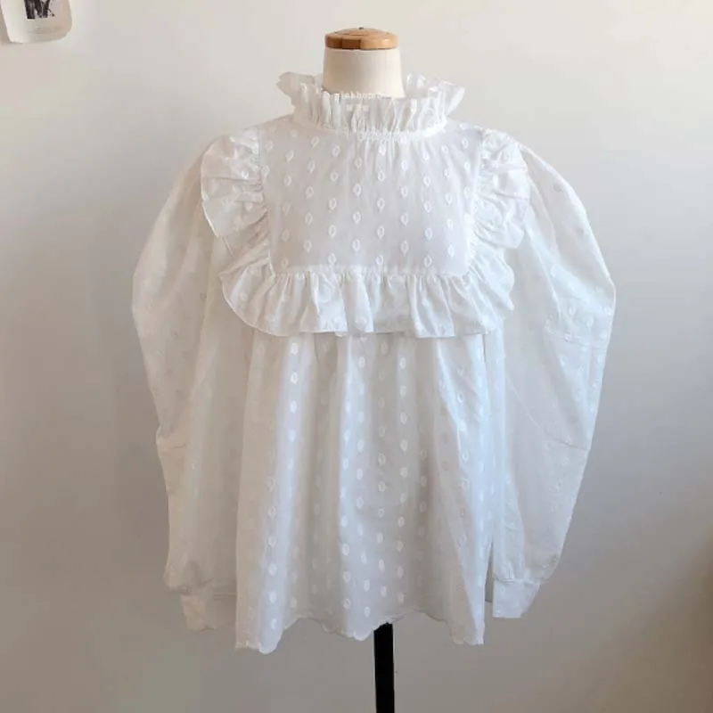 

Korean Chic Women Lotus Leaf Collar Embroidered Shirts Vintage Casual Ruffle Puff Sleeve Blouse Office Lady Polka Dot Clothing