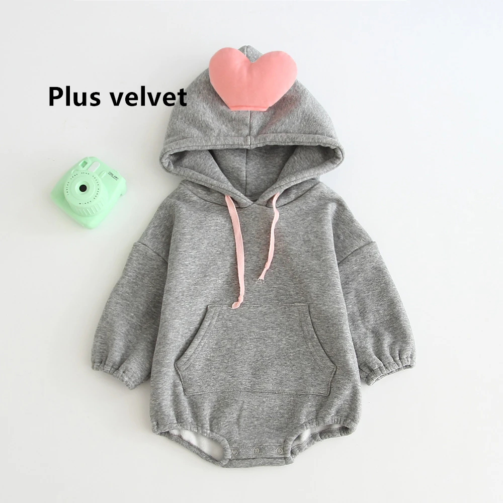 gray Plus velvet Осенний стильный Детский комбинезон с фруктами, милый персиковый комбинезон с капюшоном для альпинизма, одежда для близнецов - Цвет: gray Plus velvet