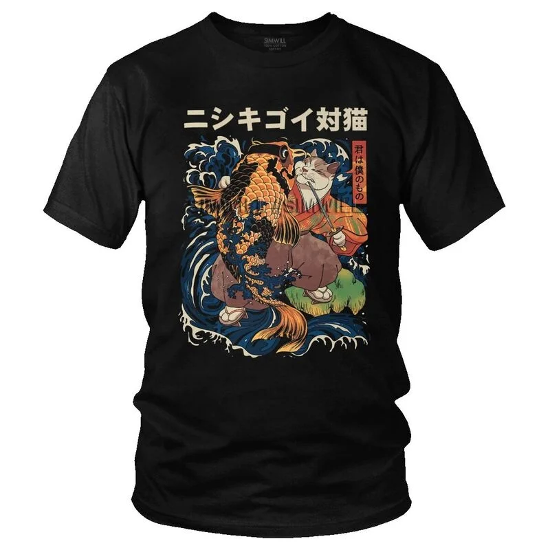 

Men's The Cat And The Koi T-Shirt Funny Japanese Samurai Tshirt Short Sleeve Hip Hop T Shirt Homme Cotton Tee Tops Merch