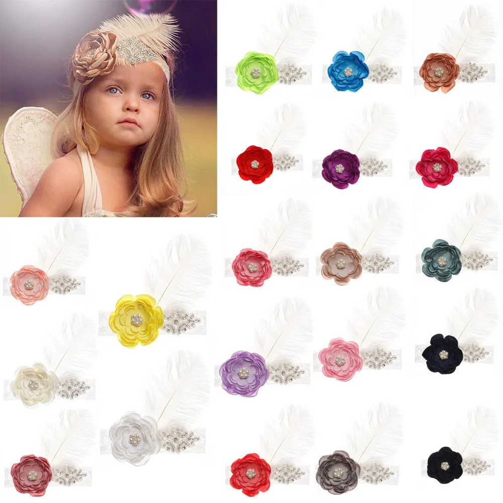 Детская индийская повязка на голову с большим цветком жемчугом и белыми перьями