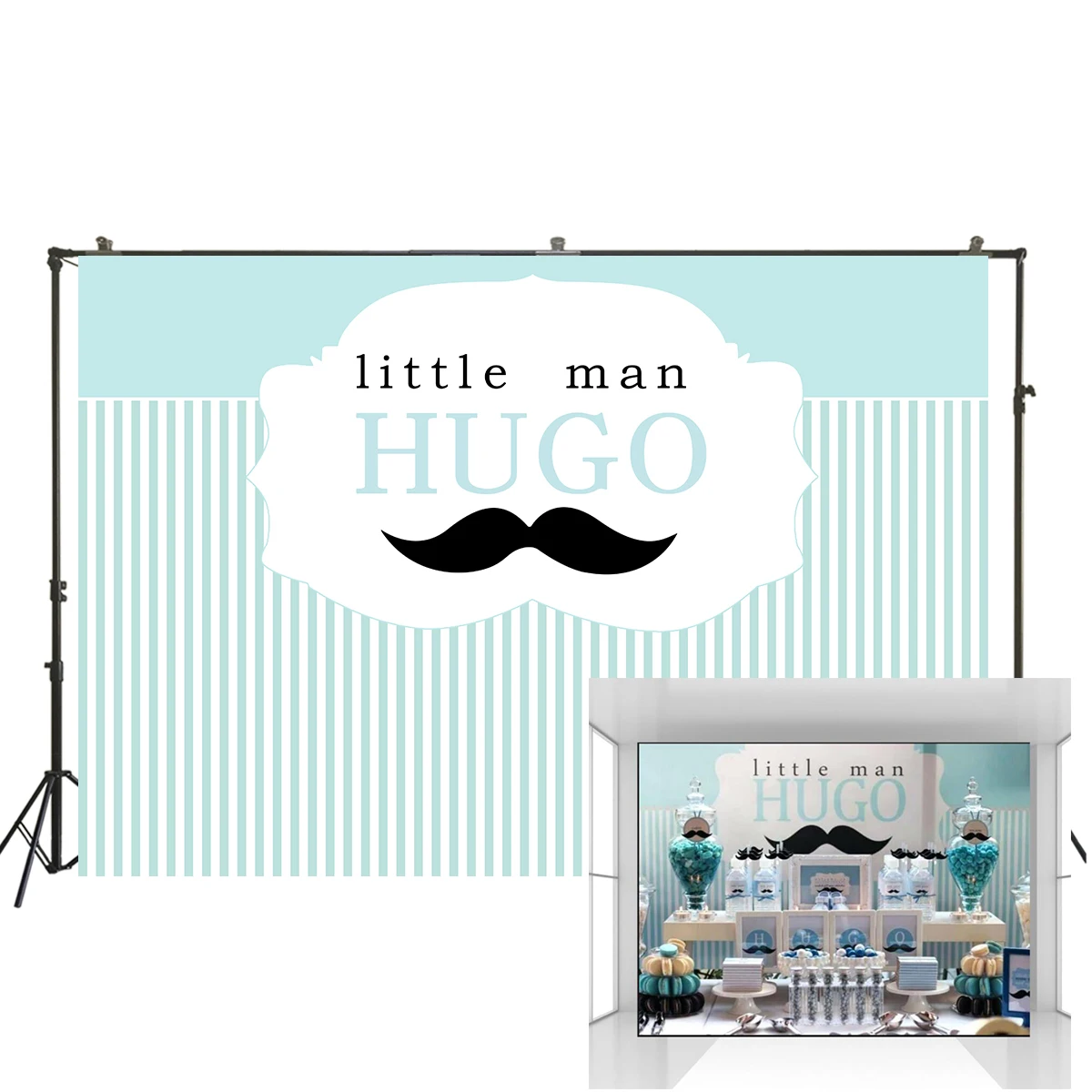 

Little Man Birthday Party Backdrop Moustache Gentleman Boy 1st First Birthday Banner Blue Stripes Photo Background Decoration