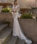 Блестящее свадебное платье-Русалка 2022 с V-образным вырезом, кружевной аппликацией и блестками, с длинным рукавом и открытой спиной, свадебное платье со шлейфом, свадебные платья