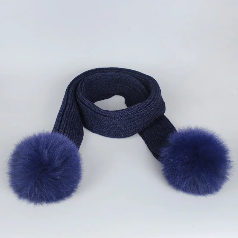 Navy-Scarf Осень-зима, детский, взрослый, леди, помпон из лисьего меха, женская вязаная шапка, шапка, шарф, набор, детский, Soild, вязаный крючком, большой помпон, шапки, s - Цвет: Navy-Scarf
