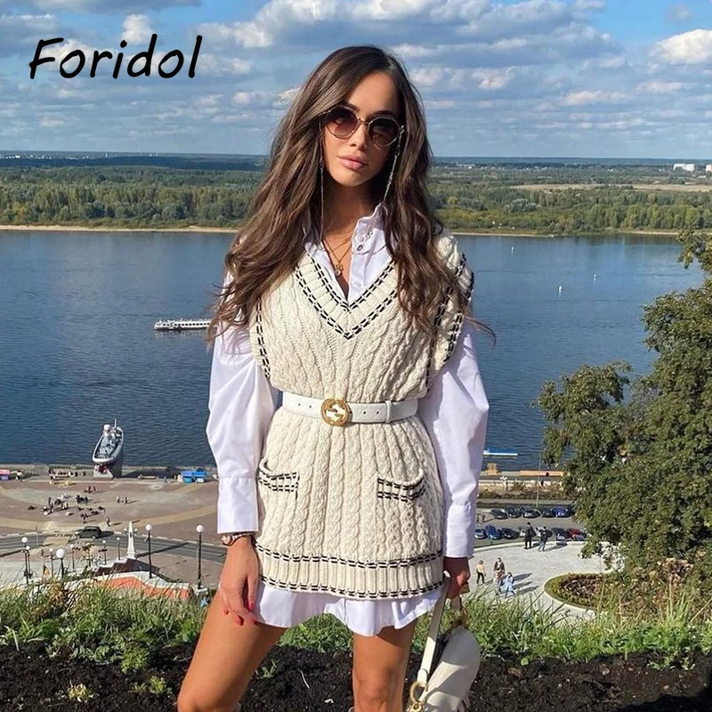 

Foridol Autumn Winter Twist Knitted Striped Sweater Vest Femme Sleeveless Beige Casual Waistcoat Pockets V Neck Pullovers 2021