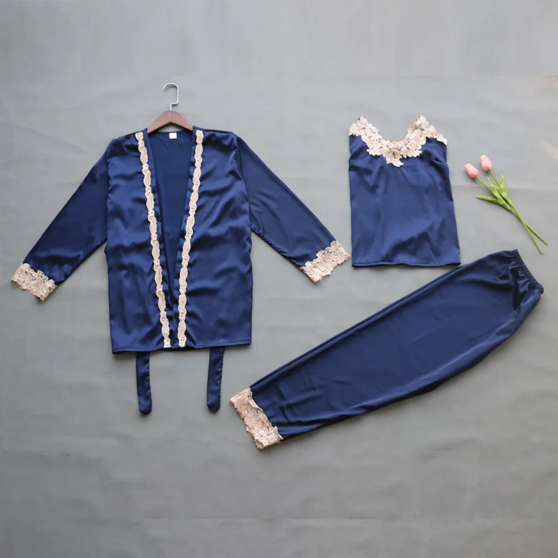 

Intimate Lingerie Silky Nightgown 3PCS Sleep Set Sexy Satin Bathrobe Sleepwear Women Kimono Gown Home Clothes Lace Nightwear
