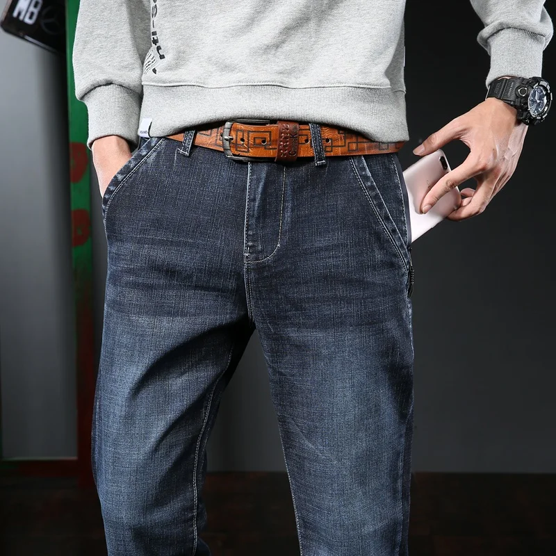 

Men Blue Baggy Jeans Pants 2022 Spring New Men's Straight Elasticity Denim Jeans Tops Quality Modal Anti-theft Pocket Jeans