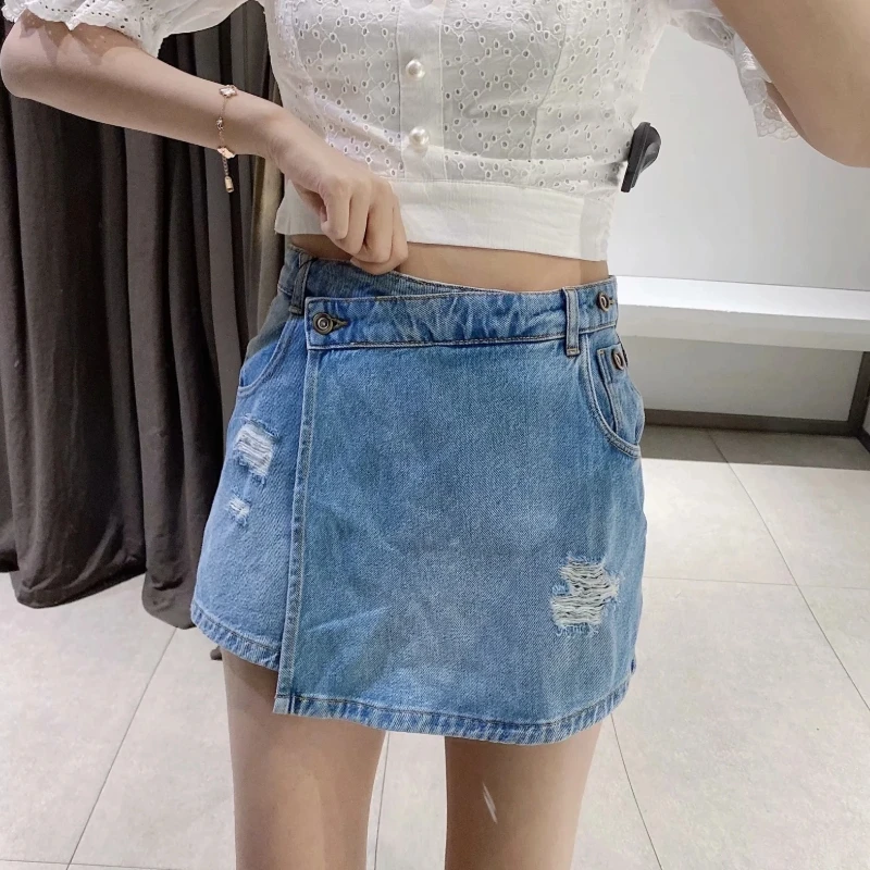 

New 2021 women vintage pockets broken hole leisure Shorts skirts ladies casual slim zipper hot shorts chic pantalone cortos