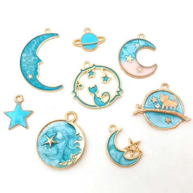 16PC/lot Mix styles Lake Blue Moon Star Pendant Universe Space Planet Hang Charms DIY Jewelrys Fit For Bracelet Necklace Making