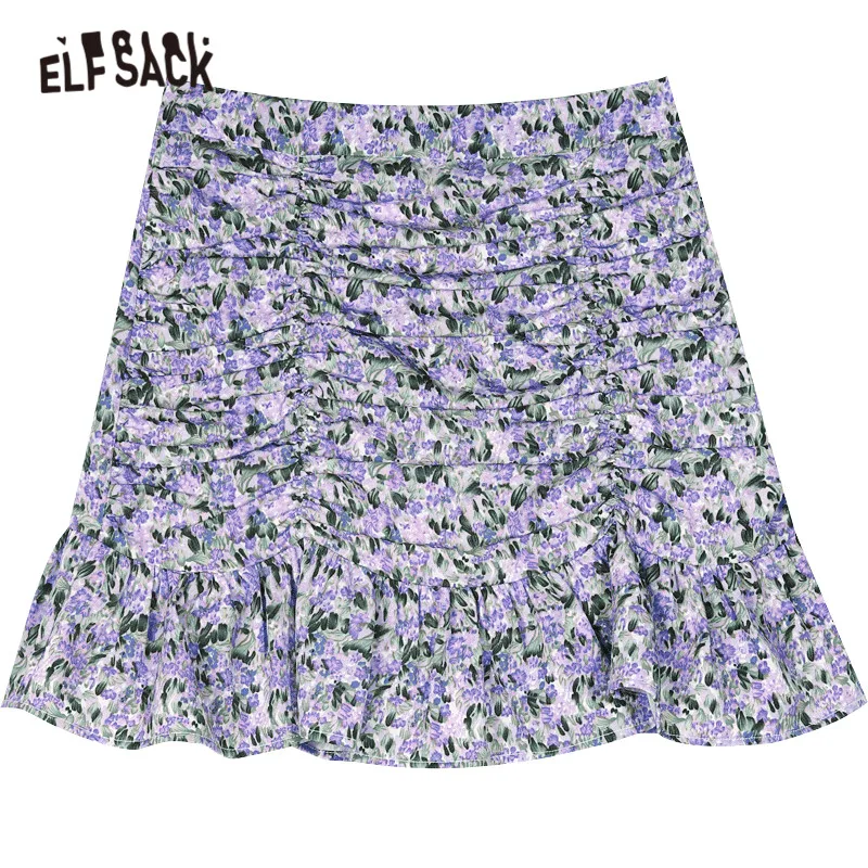 

ELFSACK Yellow Oil Painting Floral Print A Line Women Ruffle Skirts 2020 Summer ELF Purple High Waist Korean Girly Holiday Skirt