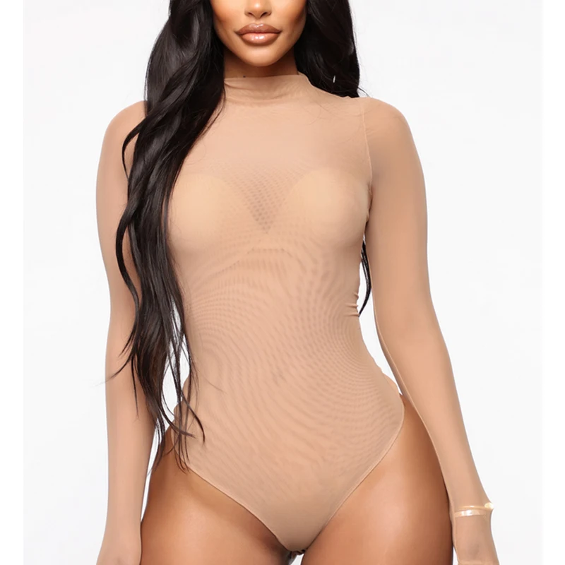 2019 New Women Long Sleeve Bodysuit SeeThrough Bodycon Jumpsuit Romper Leotard Top Blouse solid color ladies sexy bodysuit | Женская