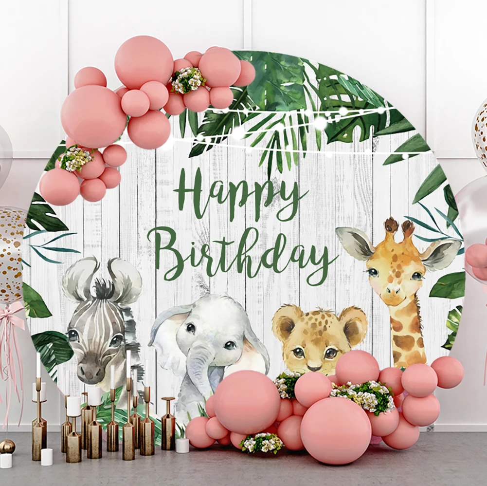 

Safari Jungle Forest Theme Birthday Round Backdrops Cute Animals For Newborn Baby Wooden Board Texture Photography Backgrounds