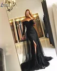 Черные мусульманские Вечерние платья 2021 Русалка с рукавами 34 кружевное с разрезом Тюль с V-образным вырезом Дубай Саудовская Арабская длинное вечернее платье