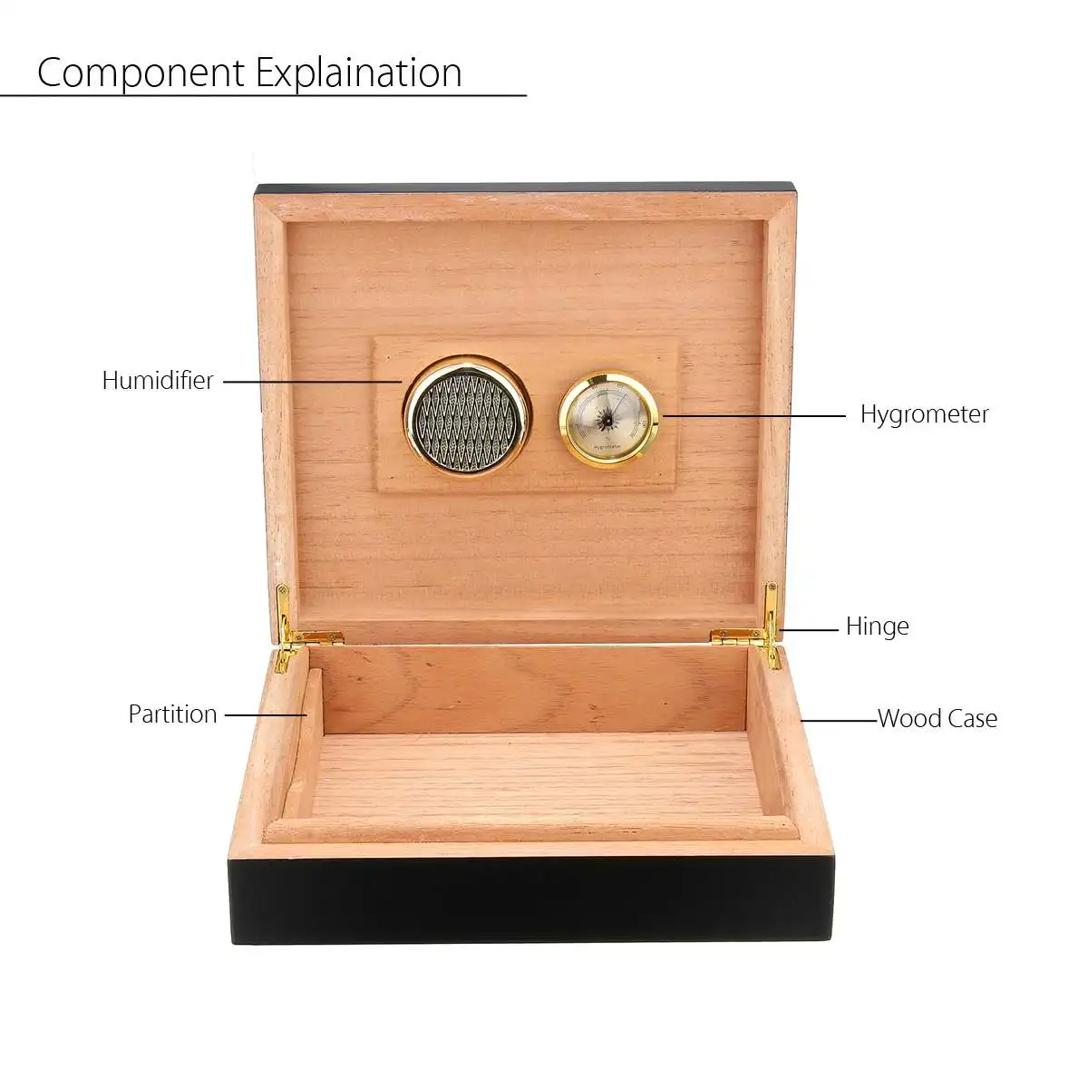 

20-25 Count Black Cedar Wood Lined Cigar Humidor Humidifier With Hygrometer Case Moisturizing Device Box with Moisture Meter