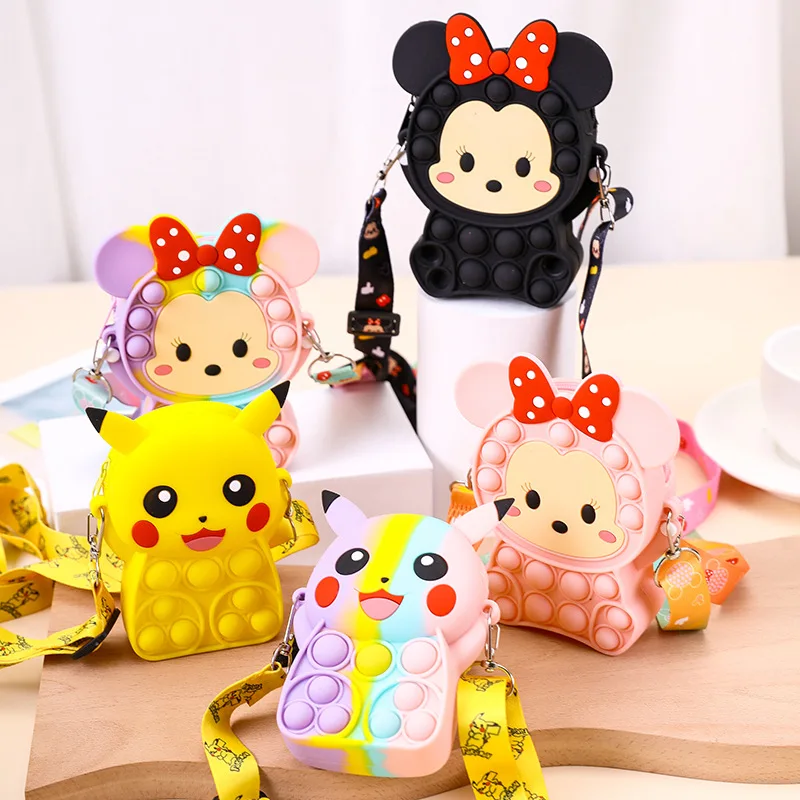 

New Fashion Pop It Push Bubbles Toy Pokemon Pikachu Minnie Wallet Shoulder Bag Simple Dimple Poped Girls Coin Purse Fidget Toys