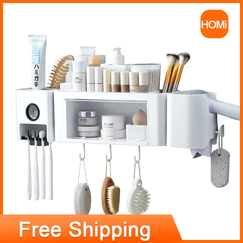 

Hair Dryer Bracket Bathroom Organizer Shelf Storage Rack Home Accessories Item Toothbrush Holder Toothpaste Squeezer No Drill