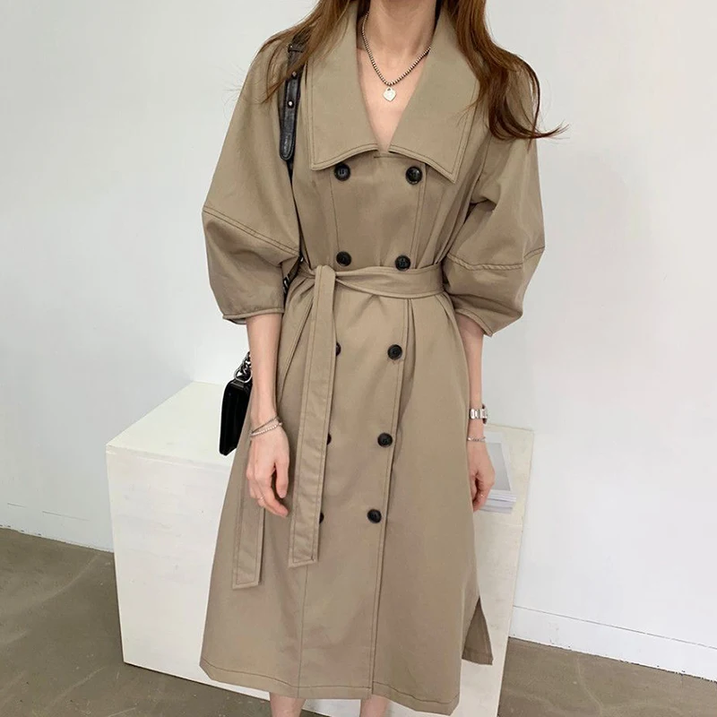 Gagarich Women Elegant Trench Korean Style Chic Retro Lapel Double Breasted Slimming Strap Waist Puff Sleeve Long Coat Lady | Женская
