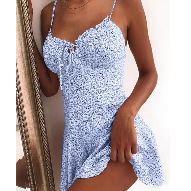 

Women Summer Bohemia Floral V-Neck Mini Dress Holiday Beach Short Sundress A66