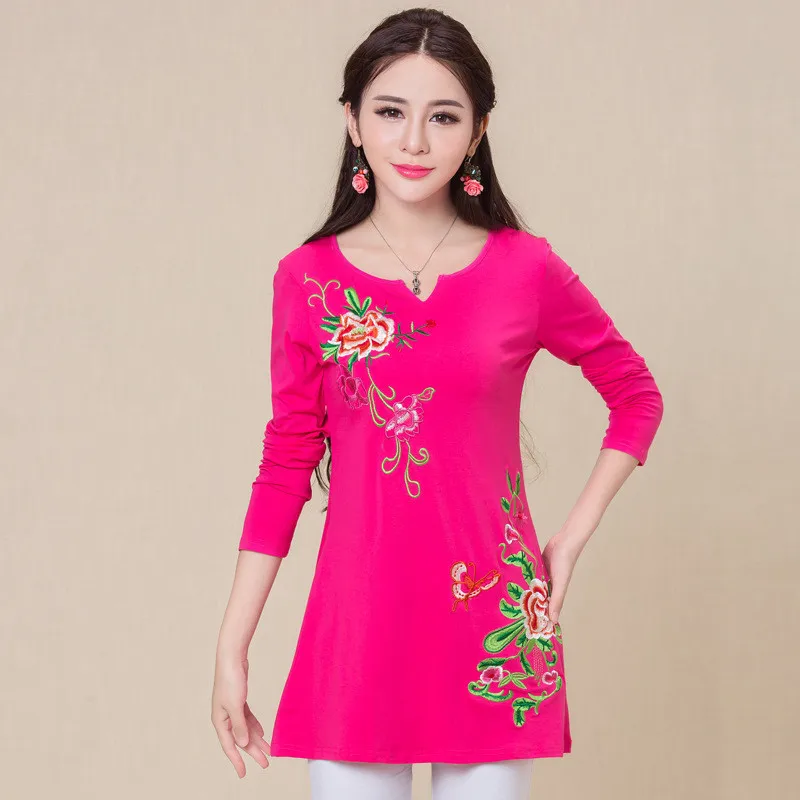 Весенне-осенняя женская футболка с вышивкой Blusas с длинным рукавом 5XL размера плюс качественные топы, женские хлопковые футболки - Цвет: Style Sixteen