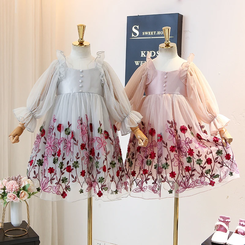 Cute Baby Girls Dresses Spring Autumn Wedding Birthday Party Kids Clothes Embroidery Floral Teens Outfits Dance Wear Vestidos