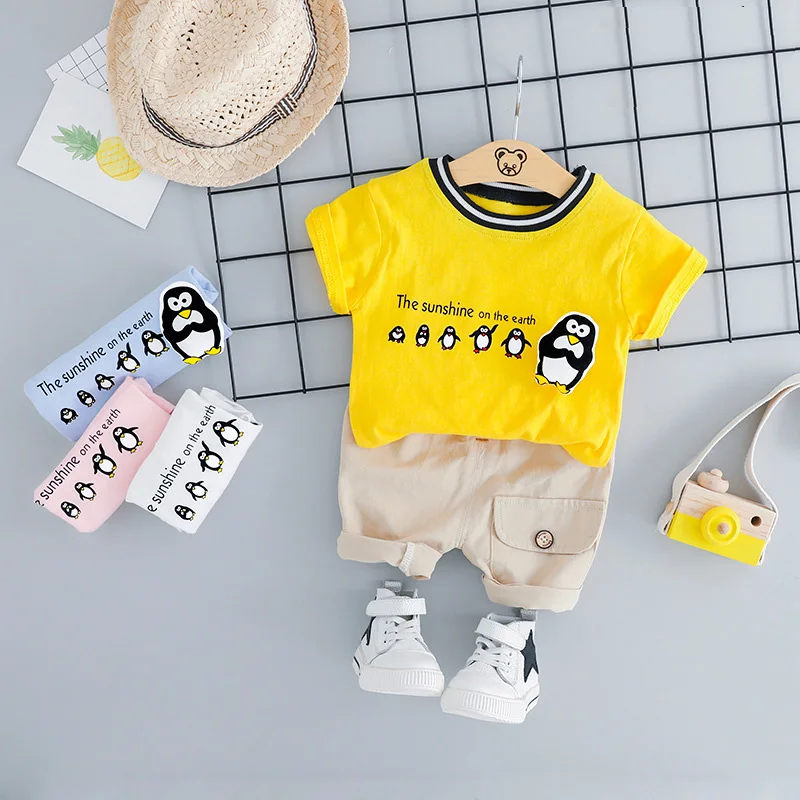 Летняя одежда для маленьких мальчиков и девочек Футболка с пингвином активного