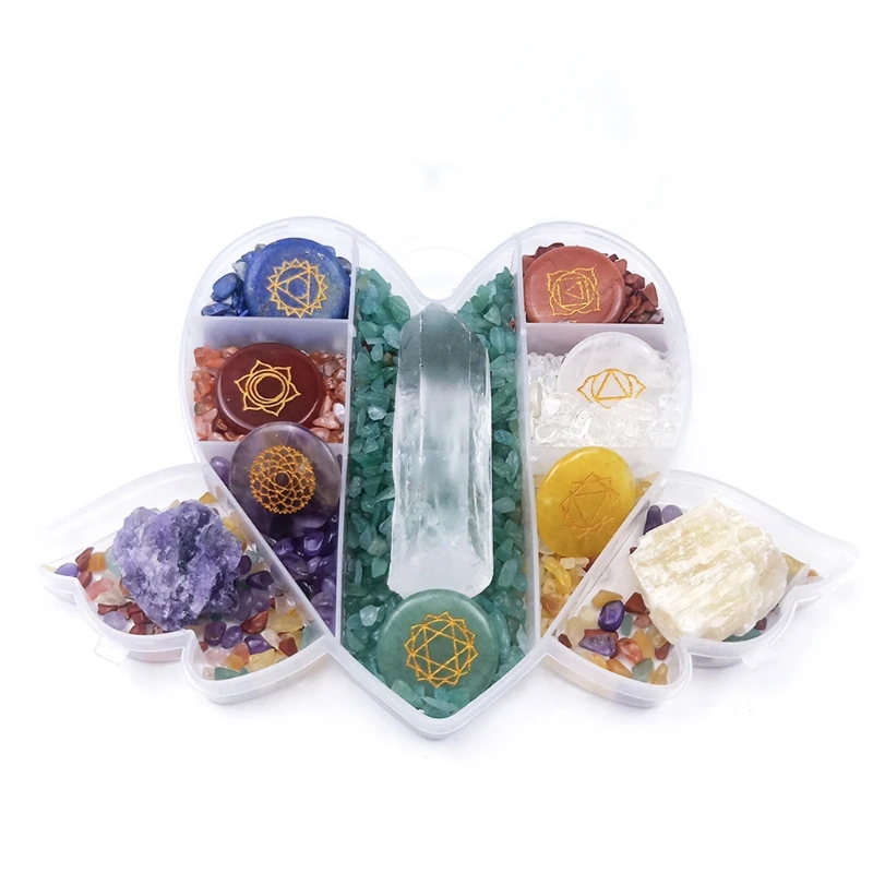 

Crystal Stones Love Shape Natural Healing Gemstones Engraved Chakra Symbol Polished Stone Kit for Meditation Therapy
