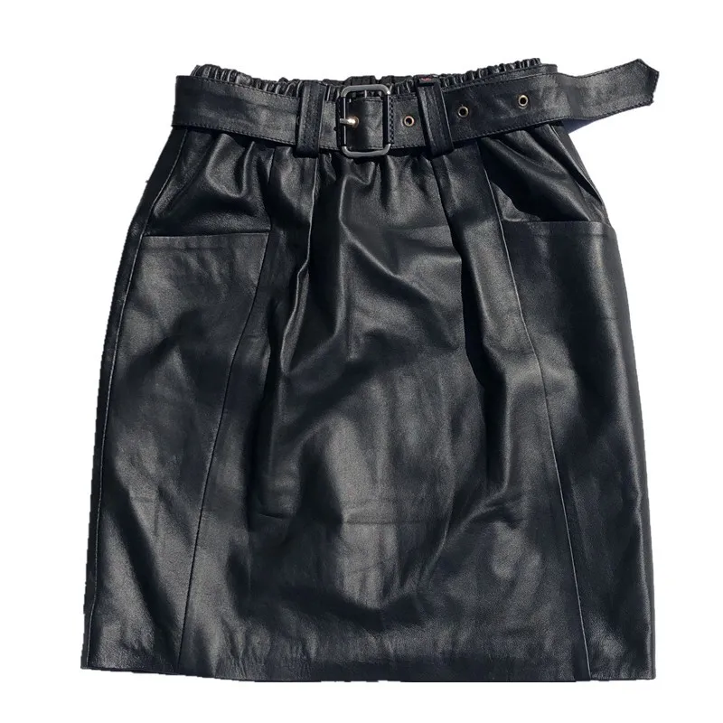 

2021 Spring Autumn Genuine Leather Skirts Women Lambskin High Waist Sexy Club Knee Skirts Ladies Belted Real Sheepskin Skirt
