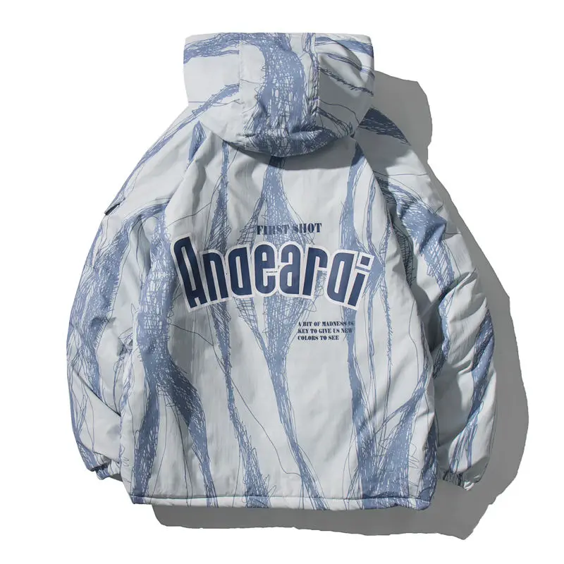 

Winter Thicken Men Coats Graffiti Hooded Short Multi-pocket Design Jacket Printed Letter Casual Loose Warm Male Clothes Oversize