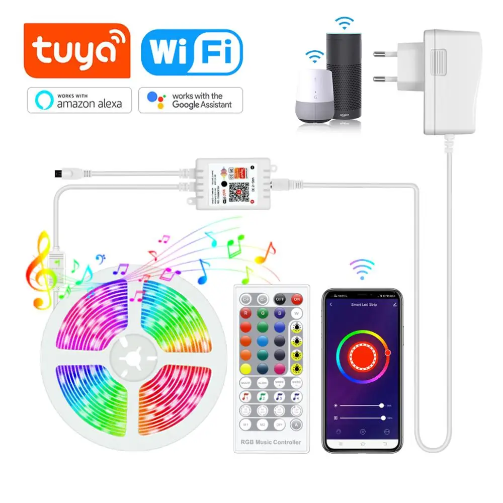 Светодиодная лента Tuya Smart Life 12 В 1/2/3/4/5/10/15 м RGB Wi-Fi голосовое управление тыловая