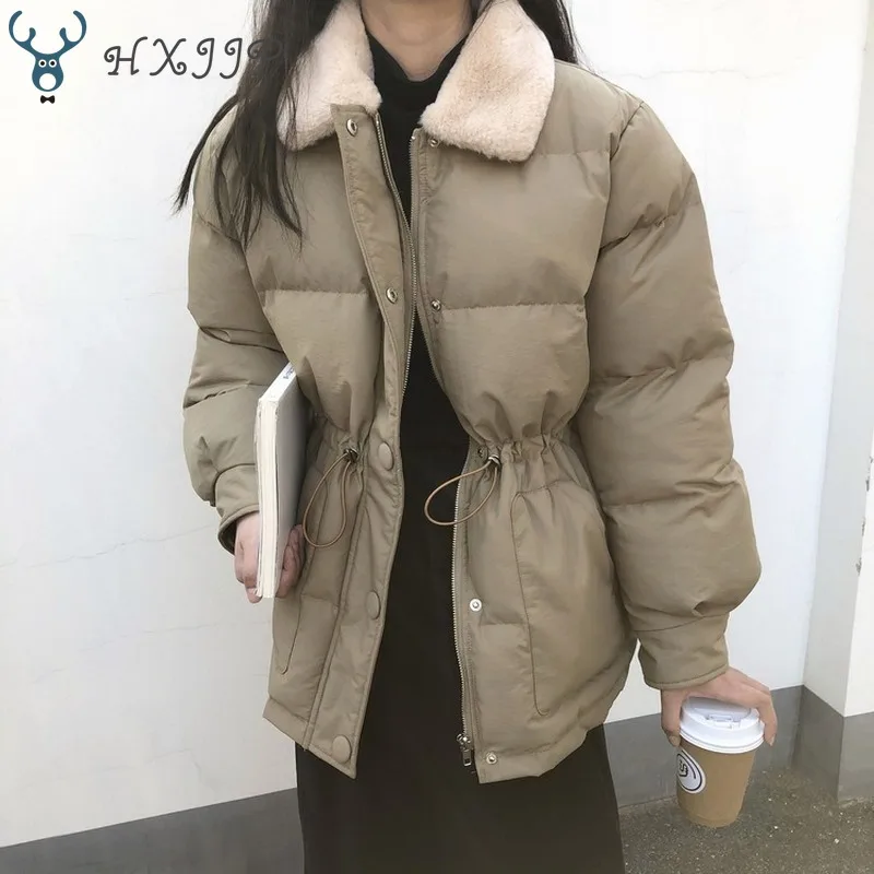 

2021 Winter Korean Down Cotton Bread Coat Thick Outerwear Women's Drawstring Waist Faux Rabbit Fur Lapel Warm Jackets Female