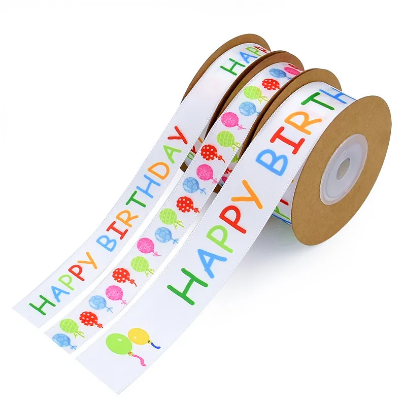

10 20 Yards/roll 15mm 25mm Happy Birthday Birthday Cake Satin Ribbon for Home Party Decoration Cake Packaging Gift Wrapping