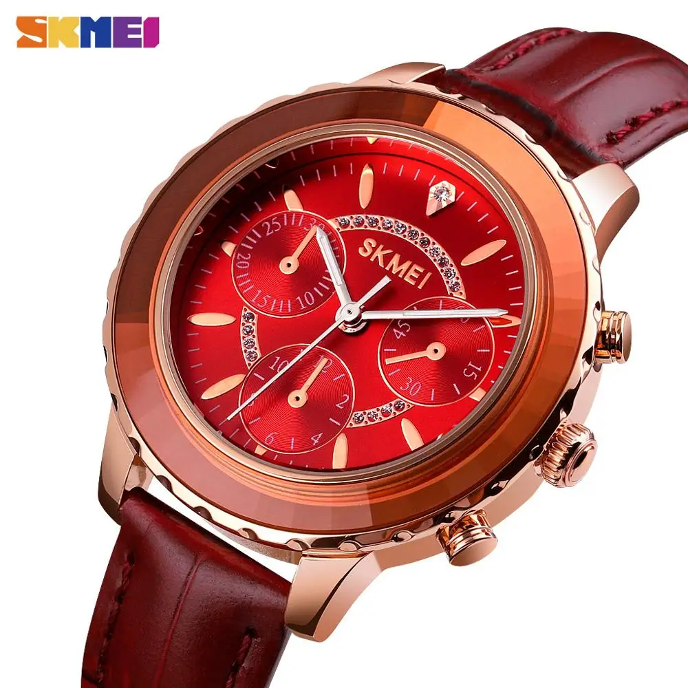 Часы SKMEI женские кварцевые с тремя глазами Модные Элегантные наручные алмазным