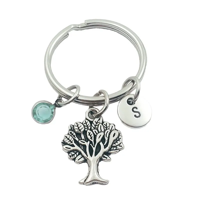 

Tree of Life Initial Letter Monogram Birthstone Keychains Keyring Creative Fashion Jewelry Women Gifts Accessories Pendant