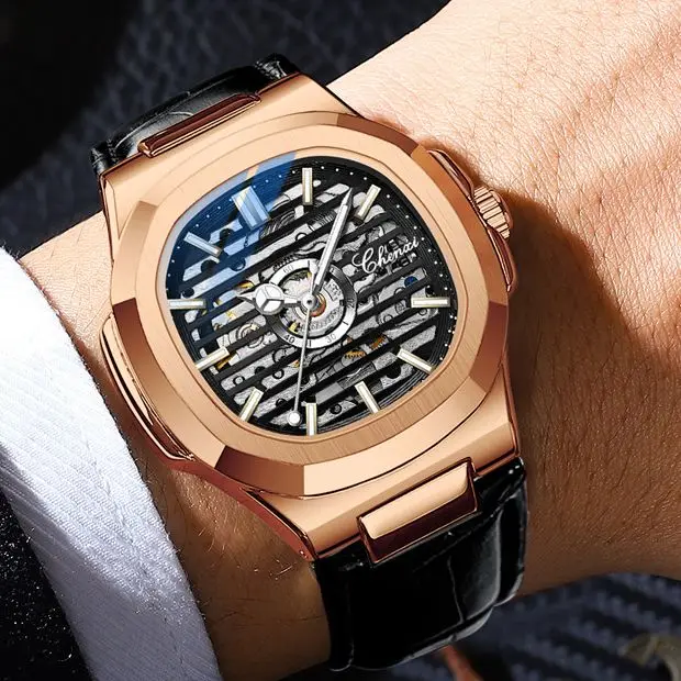 

CHENXI Fashion Leather Dress Business Men's Watch Automatic Skeleton Mechanical Waterproof Luminous Men Wristwatch Reloj Hombre
