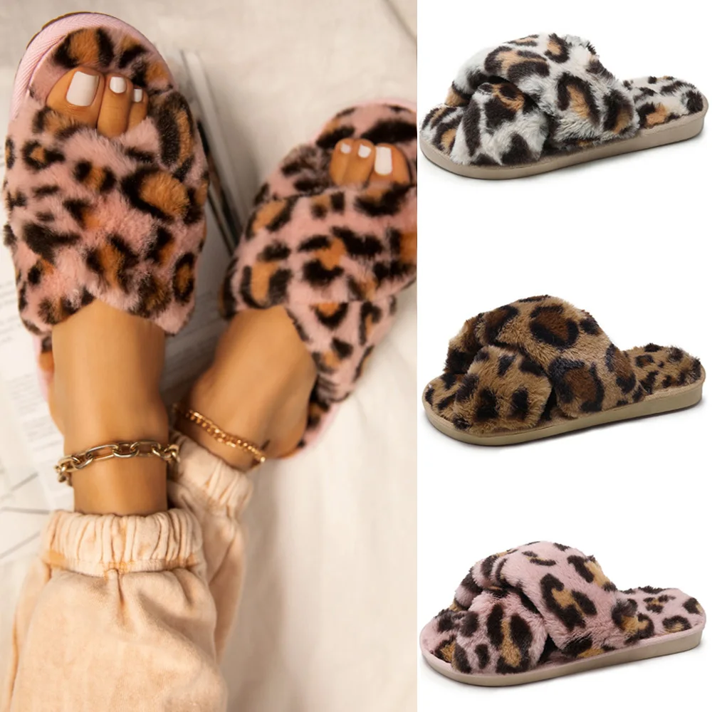 

Women Winter Fashion Leopard Flock Slippers Warm Peep Toe Cross Plush Slippers Ladies Pink And Brown Faux Fur Flat Home Shoes