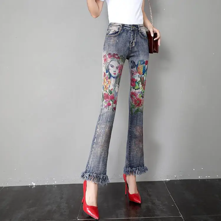 Джинсовые расклешенные брюки, окрашенные бронзовые джинсы для женщин, весна-осень, новинка Ins, модные джинсы с принтом для женщин, женские узкие джинсы - Цвет: Синий