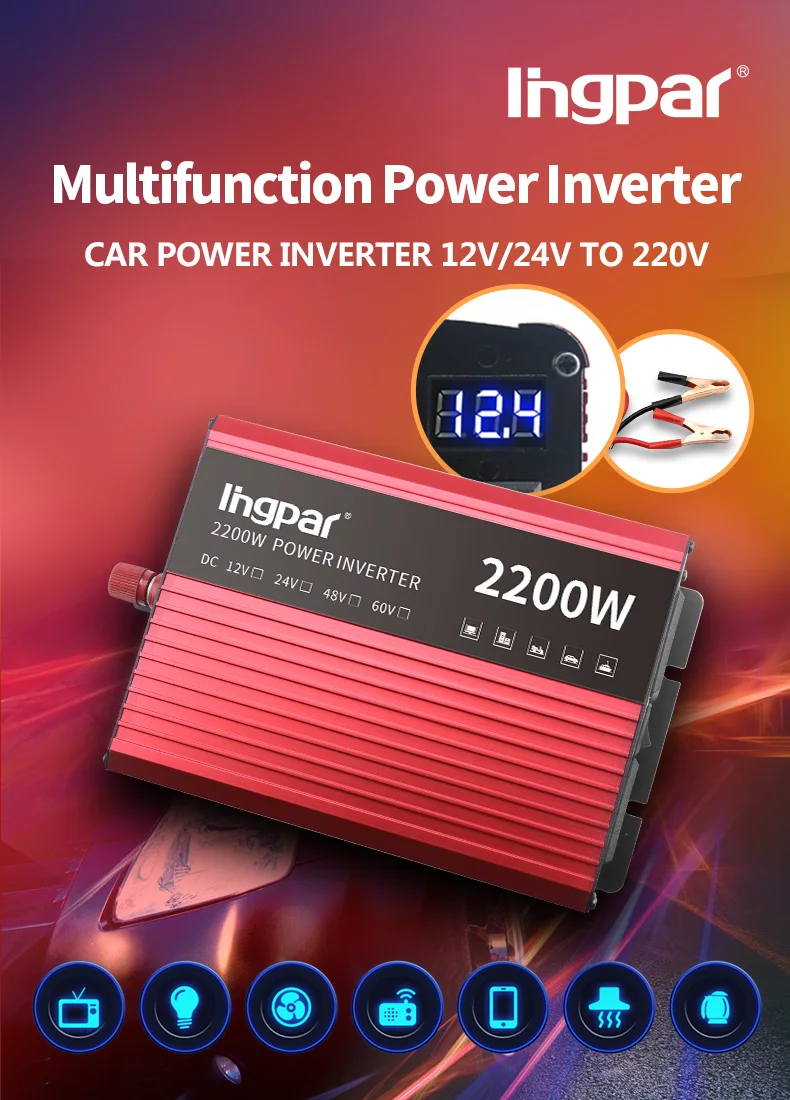 Lingpar Power Inverter 2200W 12 220 V Voltage Transformer DC To AC 12V To 220V Dual Socket Modified Sine Wave Charger Converter