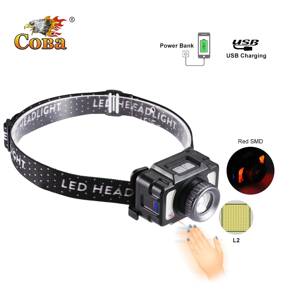 Светодиодный налобный фонарь L2 7 режимов внешний аккумулятор 2000 лм индукционный