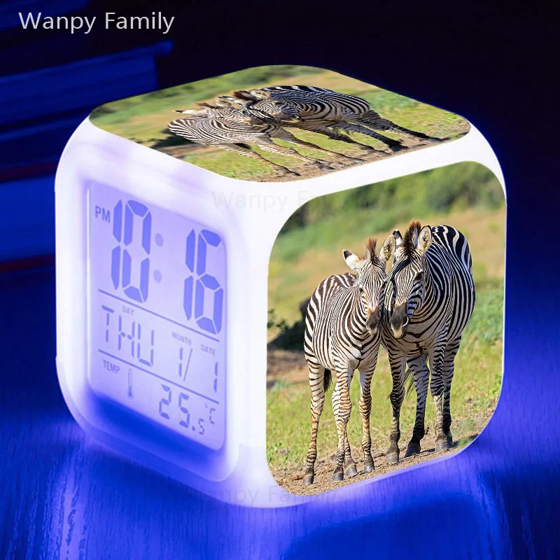 [Wanpy family] Будильник с изображением животных зебры для детской комнаты Многофункциональный светящийся светодиодный цифровой будильник с изменяющимся цветом